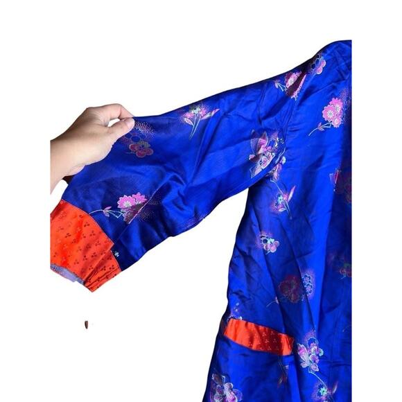 Vintage Men's Silk? Satin Robe Floral Brocade Blue Size LARGE with 3 Pockets - Picture 6 of 9